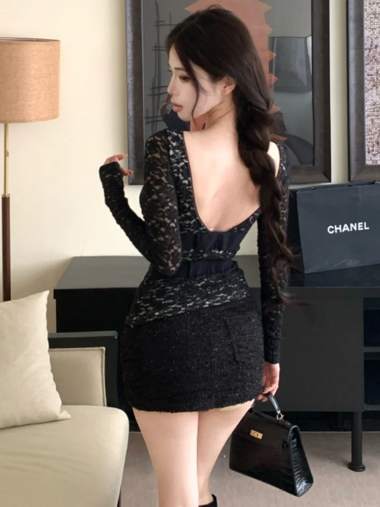 

Black Sexy One-Shoulder Lace Mesh Spicy Long Sleeve T-Shirt Top Slimming Half Skirt Fashionable Set Korean Style Commute