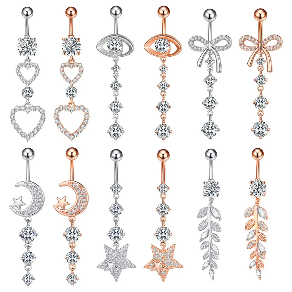 

24pcs Fashion Bell Button Ring Moon Pendant Five Pointed Star Heart Shaped Leaf Zircon Long Drop