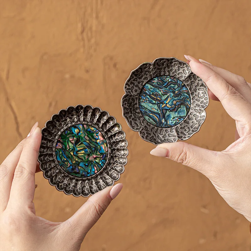 Zinc alloy mother-of-pearl tea coaster metal teacup insulation pad lacquer ancient tea saucer oven mitt tea set cup holder
