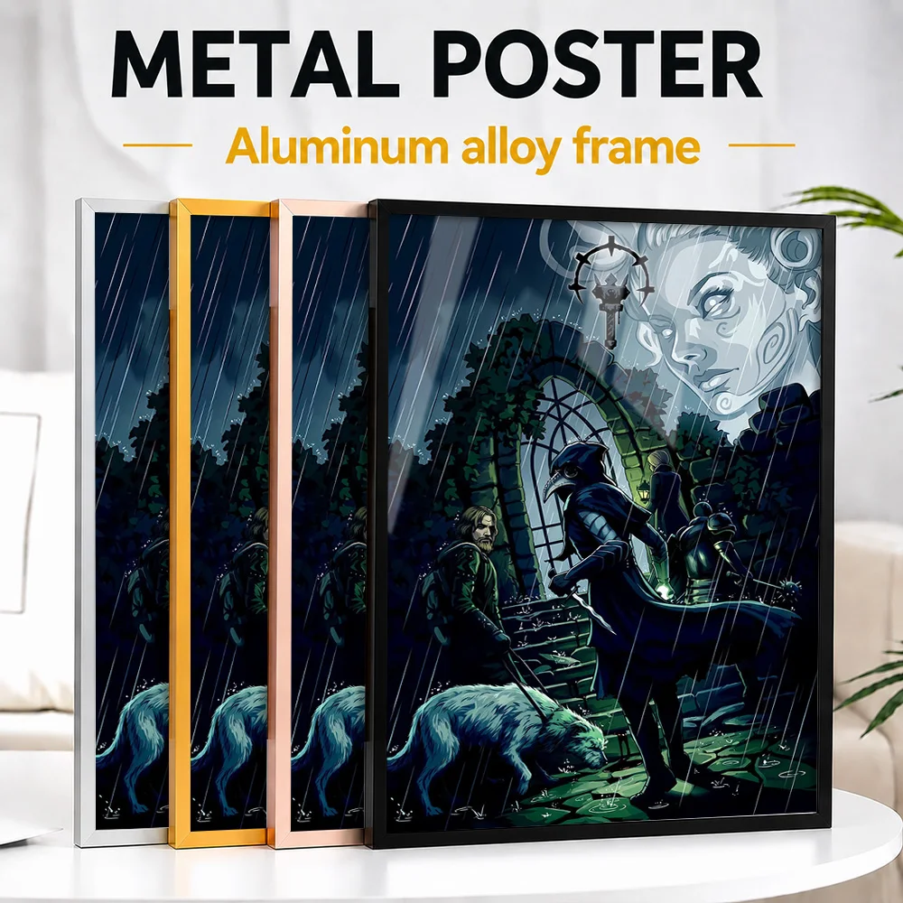 Gothic Rain Scene With Plague Doctor Framed Metal Poster Customized Painting Style Wall Art For Games Room, Fantasy Fan Gift