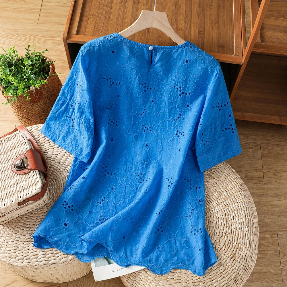 Klein Blue Embroidered Hollow out Short Sleeve Shirt Women's plus Size Fashionable Slimming T-Shirt French Style Cotton 100%