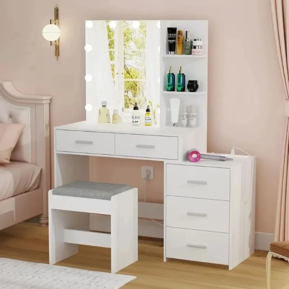 Usikey Large Vanity Desk with Mirror & 10 LED Lights, Makeup Vanity Dressing Table with Power Strip, Storage Shelves & 5 Drawers