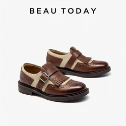 BEAUTODAY Loafers Women Genuine Leather Tassel Belt Buckle Chunky Heel Shallow Mixed Colors Designer Ladies Shoes Handmade 27932