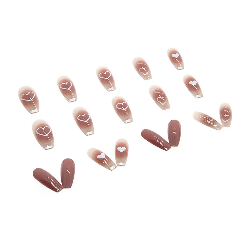 24pcs Summer Blush White Love Long Artificial Charms Cheap Girls Press on Nails Set Cute Korean Decorated Fake Nails with Glue