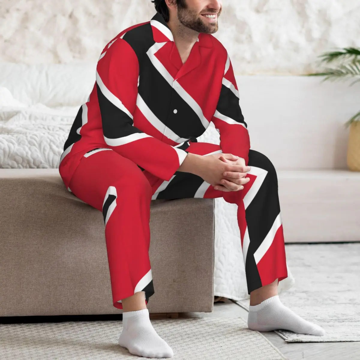 Conjunto de pijamas para hombre, ropa de dormir de manga larga con bandera de Trinidad y Tobagc para otoño e invierno, 2 unidades por juego