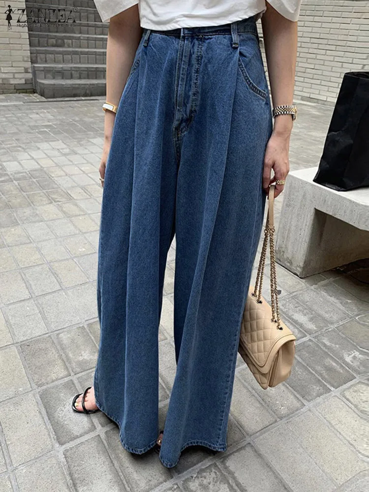 ZANZEA Summer Vintage Jeans Pants Women High Waist Solid Loose Wide Leg Trousers Casual Denim Long Pantalon Holiday Streetwear