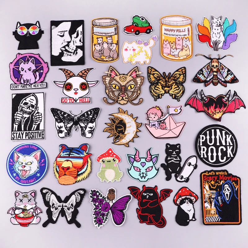 Punk Patch Tiger/Butterfly Embroidery Patch Cartoon Animal/Cat Embroidered Patches Iron On Patches For Clothing Jackets Jean DIY