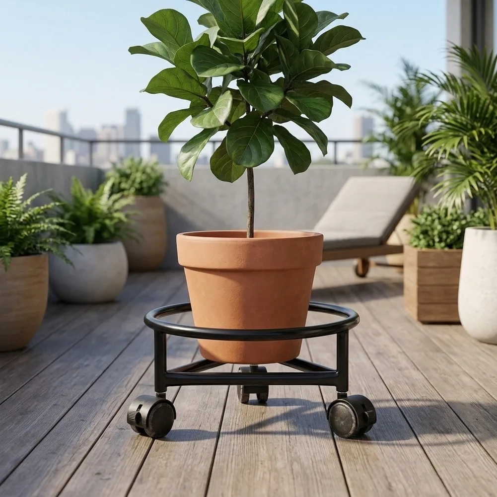Round Iron Plant Stand With 360 Degree Lockable Caster Wheels For Heavy Flower Pots Indoor Outdoor Garden Movable Plant Caddy