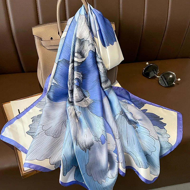 Luxury Brand Sunscreen Silk Scarves Four Seasons Soft Long Shawls Women 180X90CM Beach Stoles Fashion Print Satin Finish Scarf