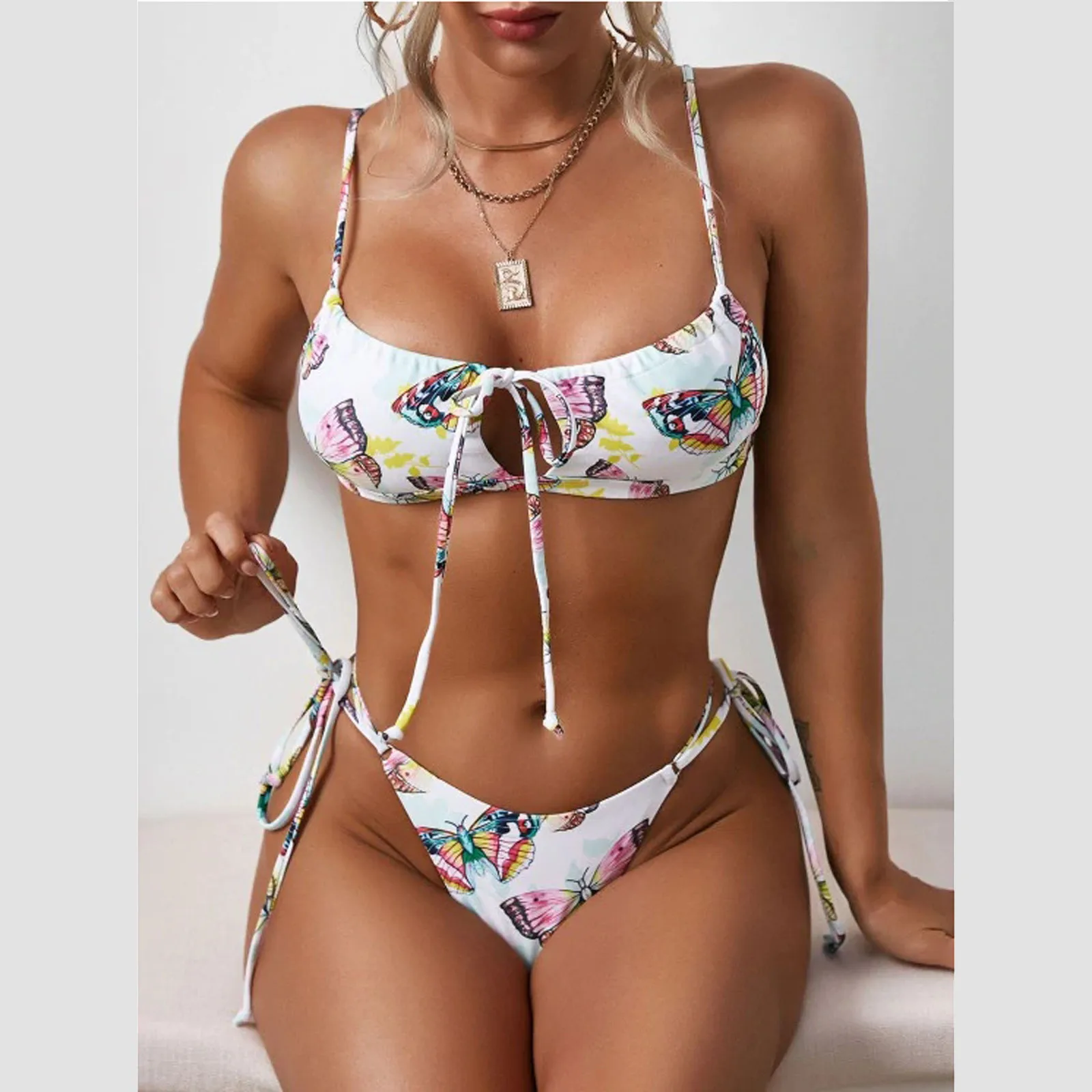 

Gothic Butterfly Print Bikini Push Up Swimsuit Women Summer Lace Up Micro Thong Suit Female Cut Out Bandage Beachwear Biquinis