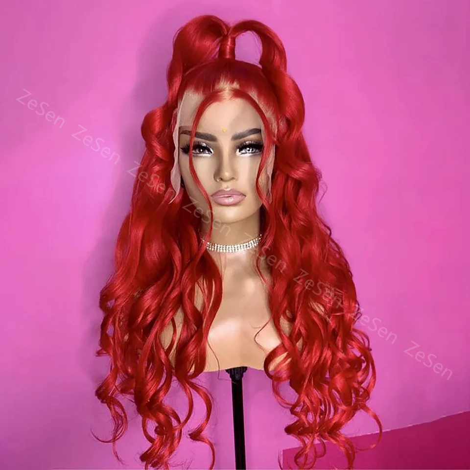 

Long Body Wave Synthetic Lace Front Wig For Women High Quality Hear Resistant Red Wigs with Baby Hair Natural Hairline Cosplay