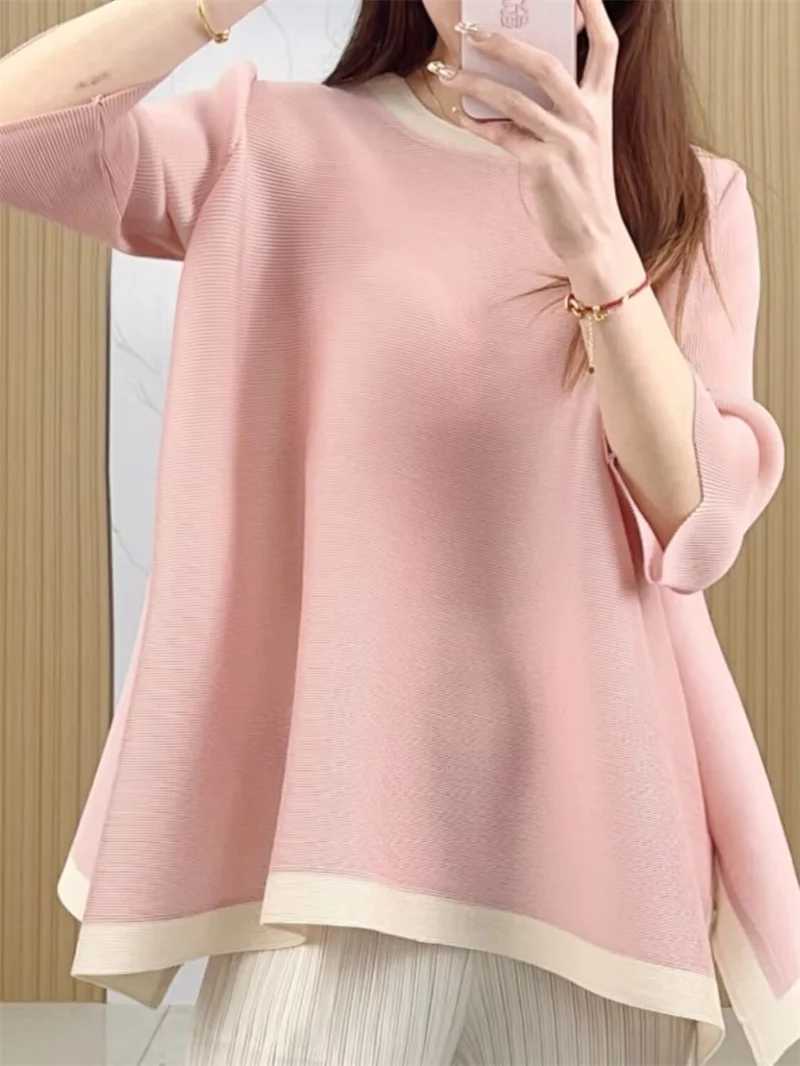 Pleated Top Women T-shirt top Summer new Women's Plus-size Round Neck Seven-point Short-sleeved T-shirt Loose Commuting Joker