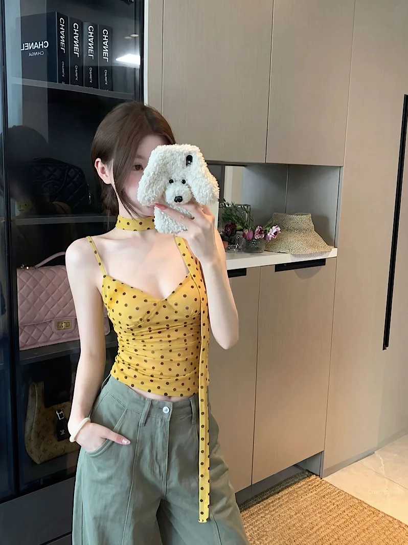 

Polka Dot Print V-neck Sling Vest Women's Summer Design Sense Niche Slim-fit Spice Girl with Short Top