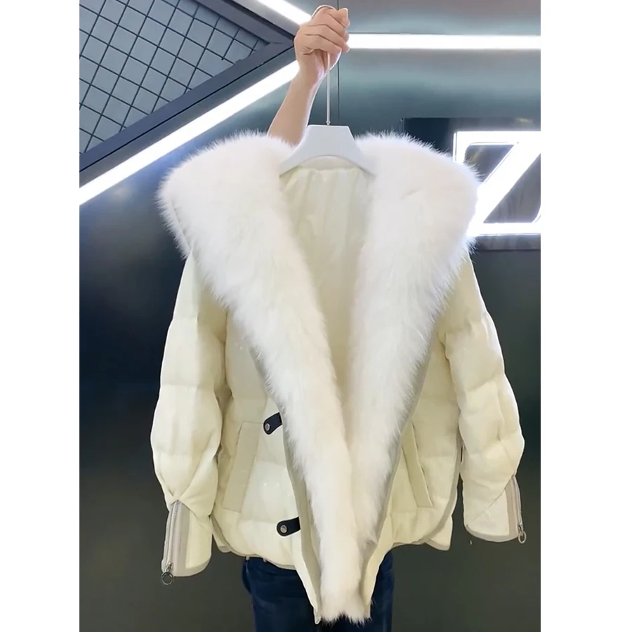 MENINA BONITA Natural Silver Fox Fur Collar Women Down Jacket With Fur Goose Feather Jacket Warm Winter New 2023 Sequins Design