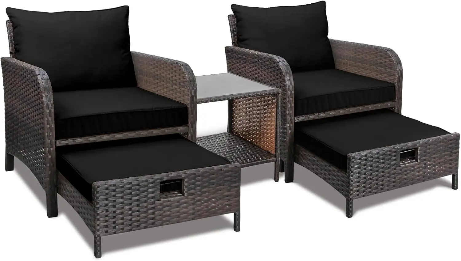 Outdoor PE Wicker Rattan Lounge Cadeiras Set, Mobília Varanda, Pátio Conversação Set, 2 Otomano e vidro, 5 PCs