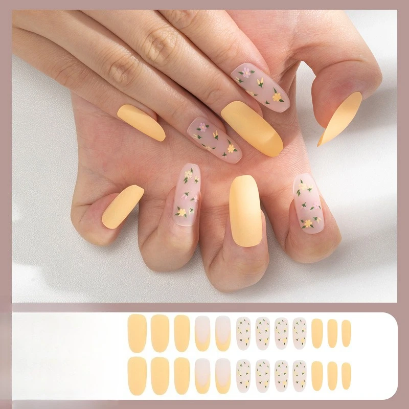 

European and American wearing armor short and medium yellow flower finished nail sticker removable