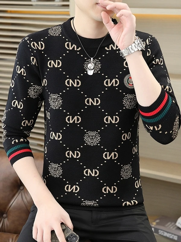 

Мужской вязаный свитер премиум-класса, осенне-зимняя новинка, теплый повседневный трикотаж с буквенным принтом, базовая модель