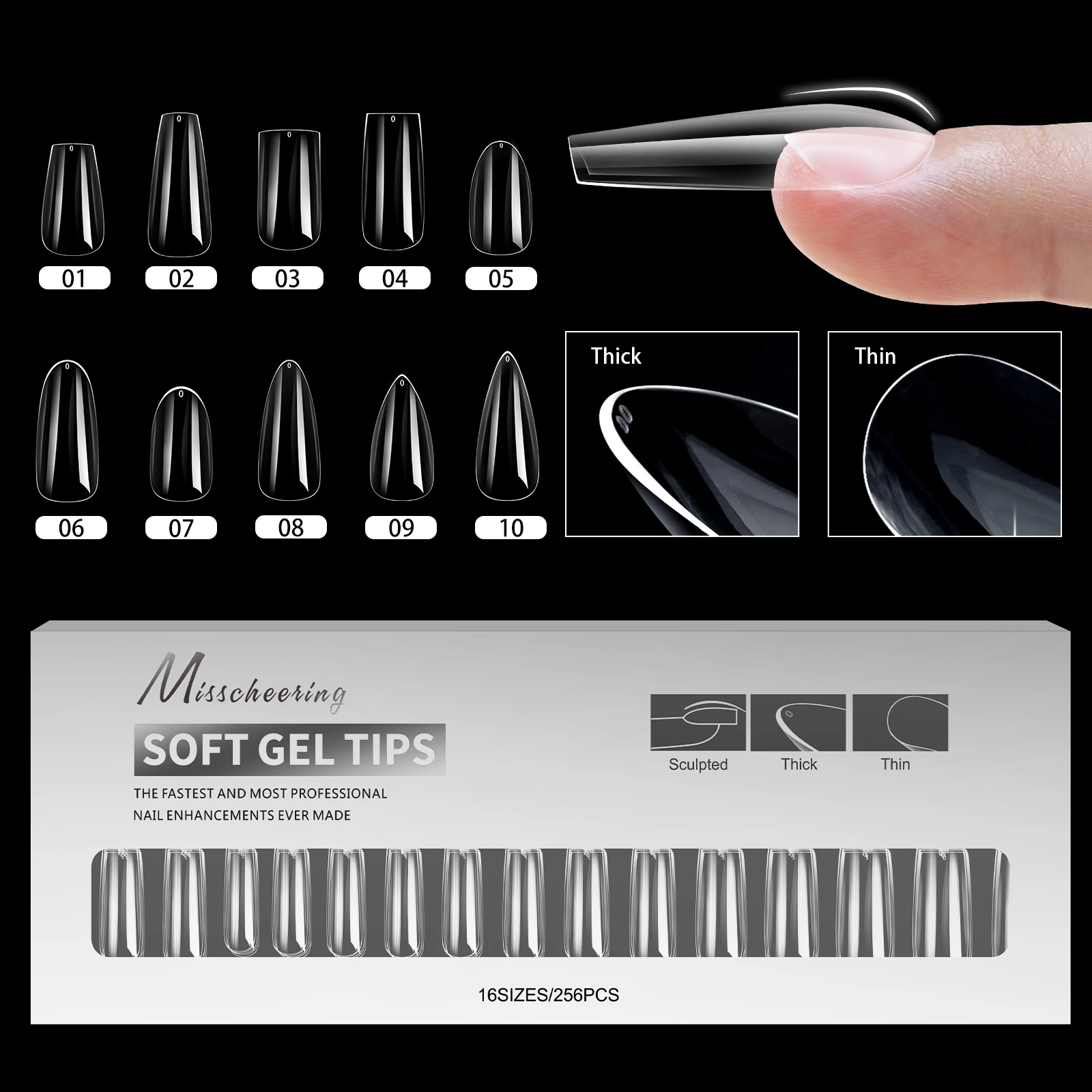 

256pcs Arched Soft Gel Tips Glossy Full Cover Tips for Acrylic Nail Extension Short Stiletto Coffin Press On Nails for Home DIY
