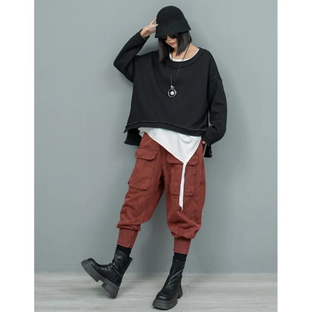 Loose Flannel Round Neck Asymmetrical Long Sleeved Sweatshirt + Multi Pocket Small Feet Pant Two Piece Set Women LX2614