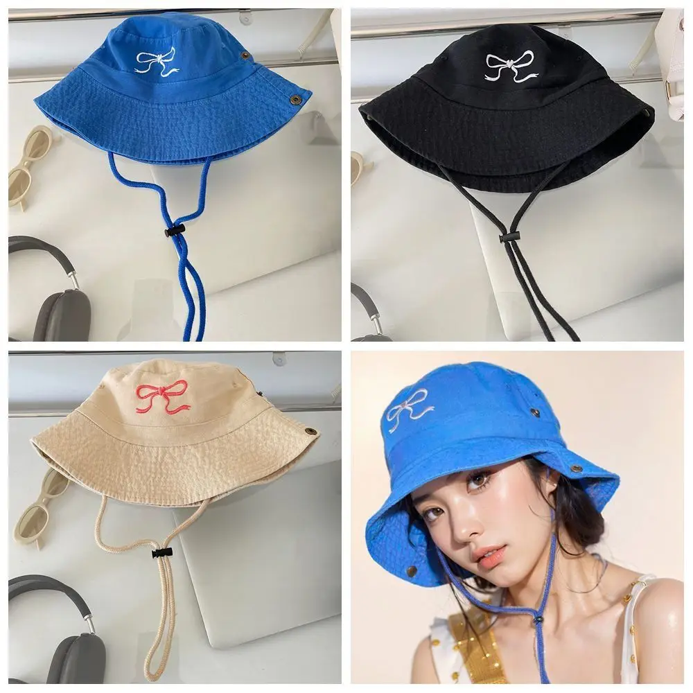 

Quick Drying Bucket Hat New Solid Color Sunscreen Fishing Caps Breathable Blue Color Bow Strap Bucket Hats Outdoor Camping