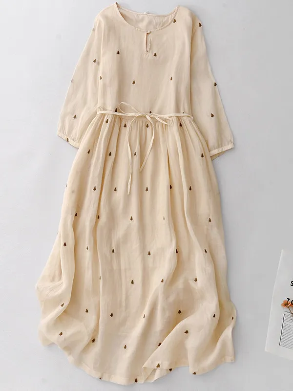 

Casual Long Sleeve Embroidered A-Line Dress Midi Length Tea Break Heavy Work Artistic Dress Spring Summer Commute Style Women...