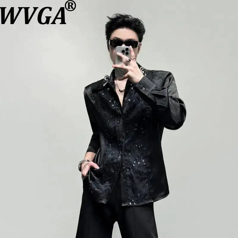 WVGA Spring New Men Heavy-duty Sequin Pattern Beaded Trendy Long Sleeve Shirt Unique Design Niche Stylish Casual Tops Ins W24096