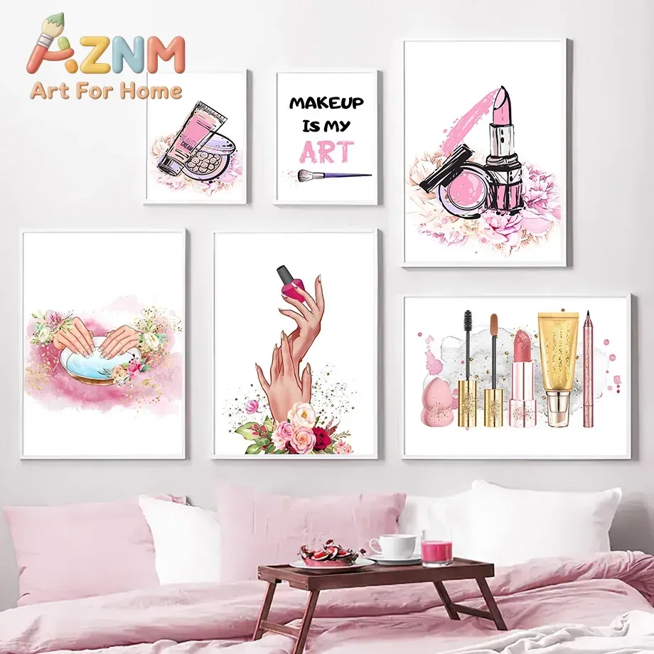 Pink Watercolor Nail Salon Wall Art Fashion Makeup Manicure Prints Lipstick Eyeshadow Floral Canvas Posters Beauty Room Decor