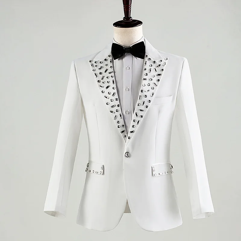 Men\'s Solid Color Formal Suit Wedding Dinner Party Tuxedo Pants 2 Piece Set Rhinestones Collar Slim Blazer Trousers Chorus Suits