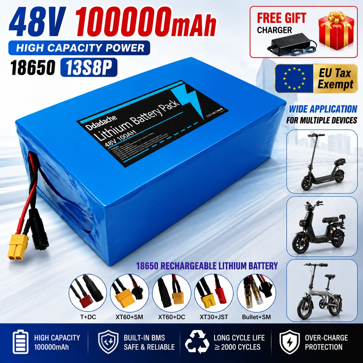 18650 Lithium-Akku-Pack 13S8P 48V 100000mAh 100Ah Große Kapazität Geeignet für 250-1500W Eingebautes BMS+54,6V2A Ladegerät EU/US