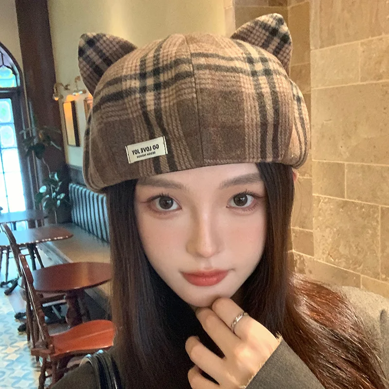 

Classic Plaid Beret British Versatile Artist Hat Winter Woolen Woven Warm Cute Cat's Ears Octagonal Hats Hat Gorro 4m727