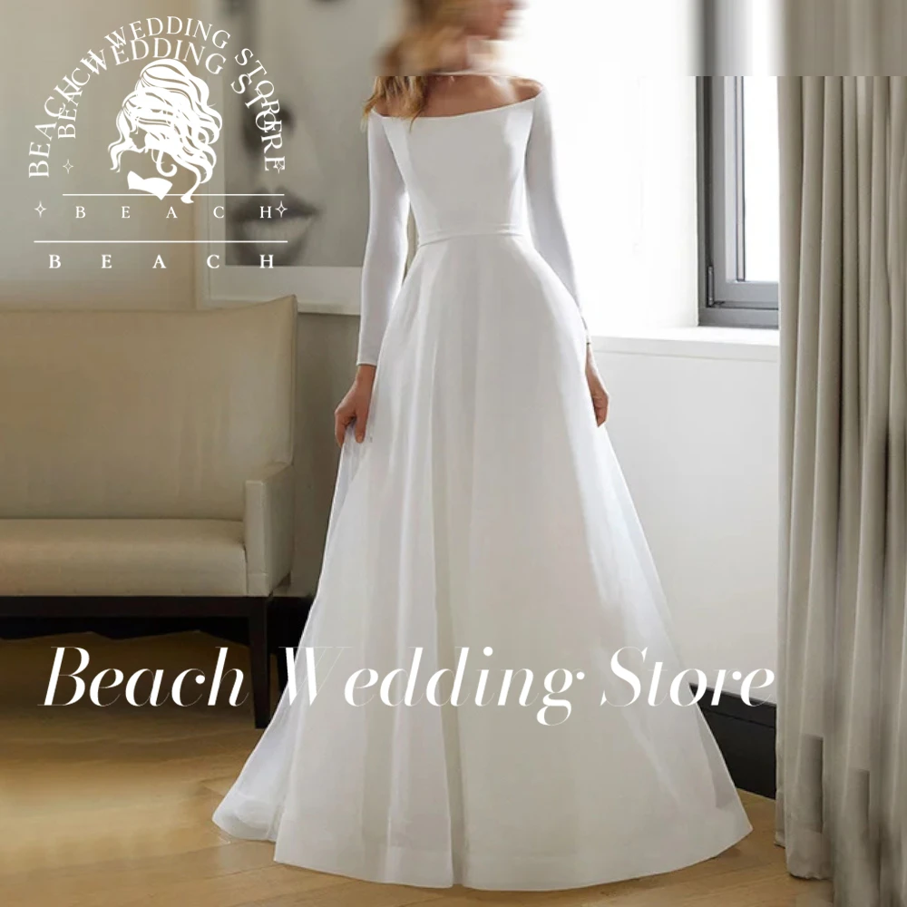 

Beach Customized Romantic Boat Neck A-Line Wedding Dresses Long Sleeveless Floor Length Bridal Gowns Robe De Mariée Sweep Train