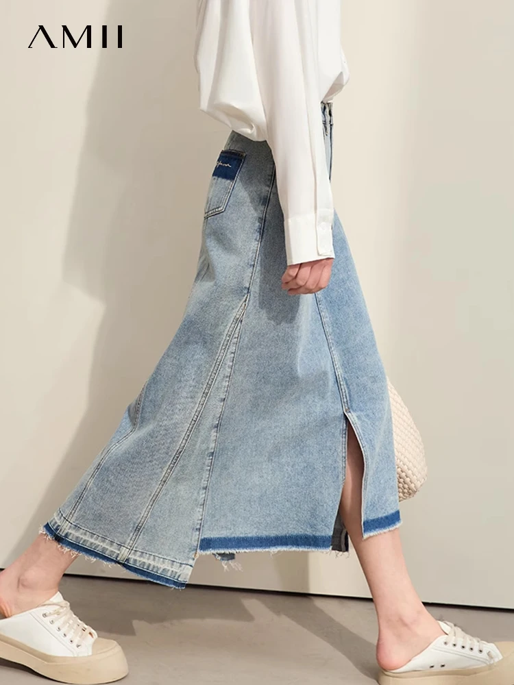 

AMII Minimalism A-Line Denim Skirt For Women 2025 Autumn Split Office Lady Versatile Cotton Casual Long Female Skirts 12351022