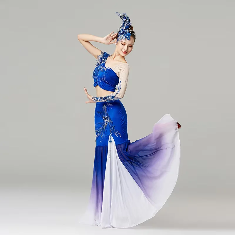 

Blue National Minority Dai Dance Costumes For Women Stage Clothing Chinese Celebration Festival New year Dance Suits