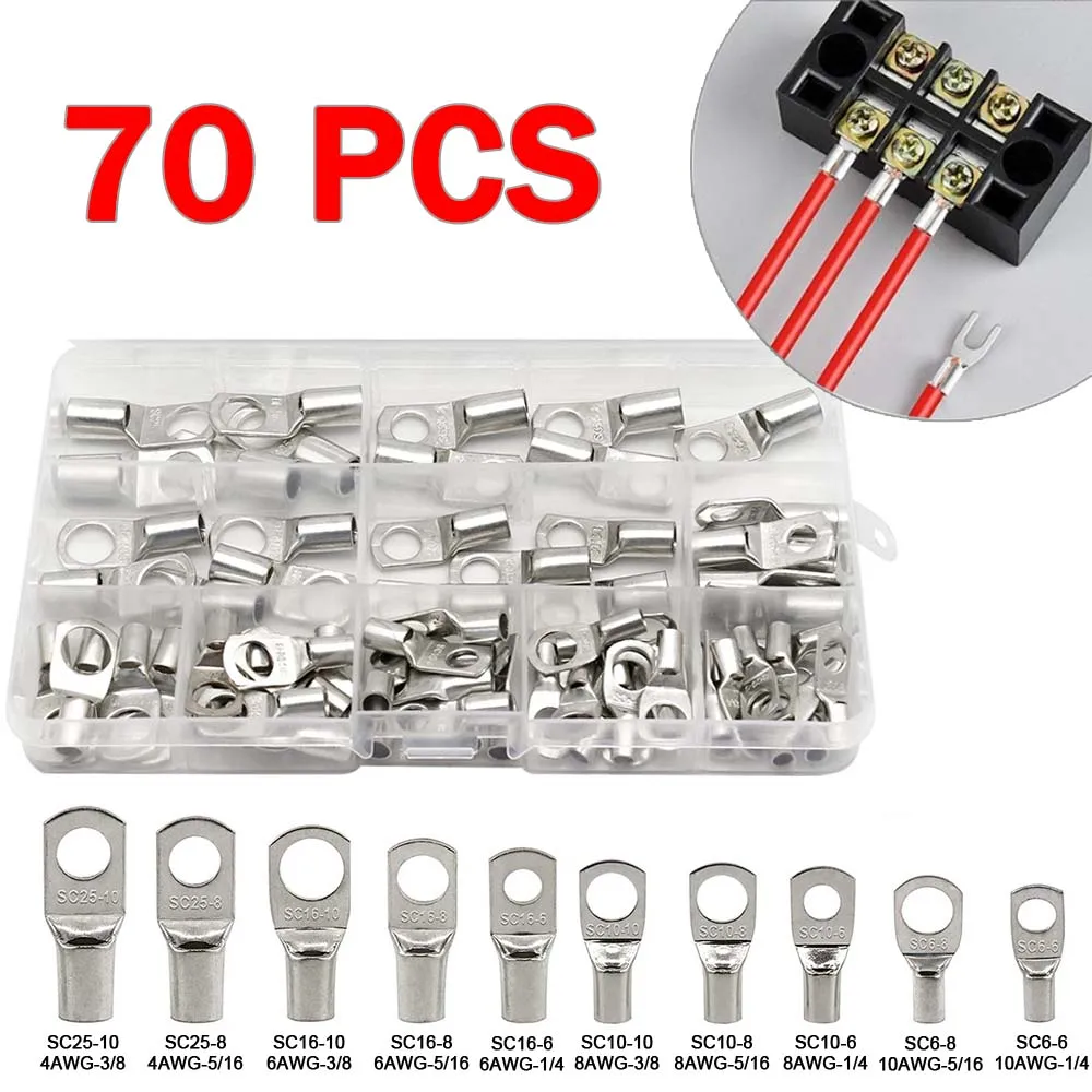 70Pcs SC Bare Bolt Hole Tinned Copper Cable lugs Battery Terminal Wire terminals connector Suit  SC6-6 SC10-6 SC16-8 SC25-8