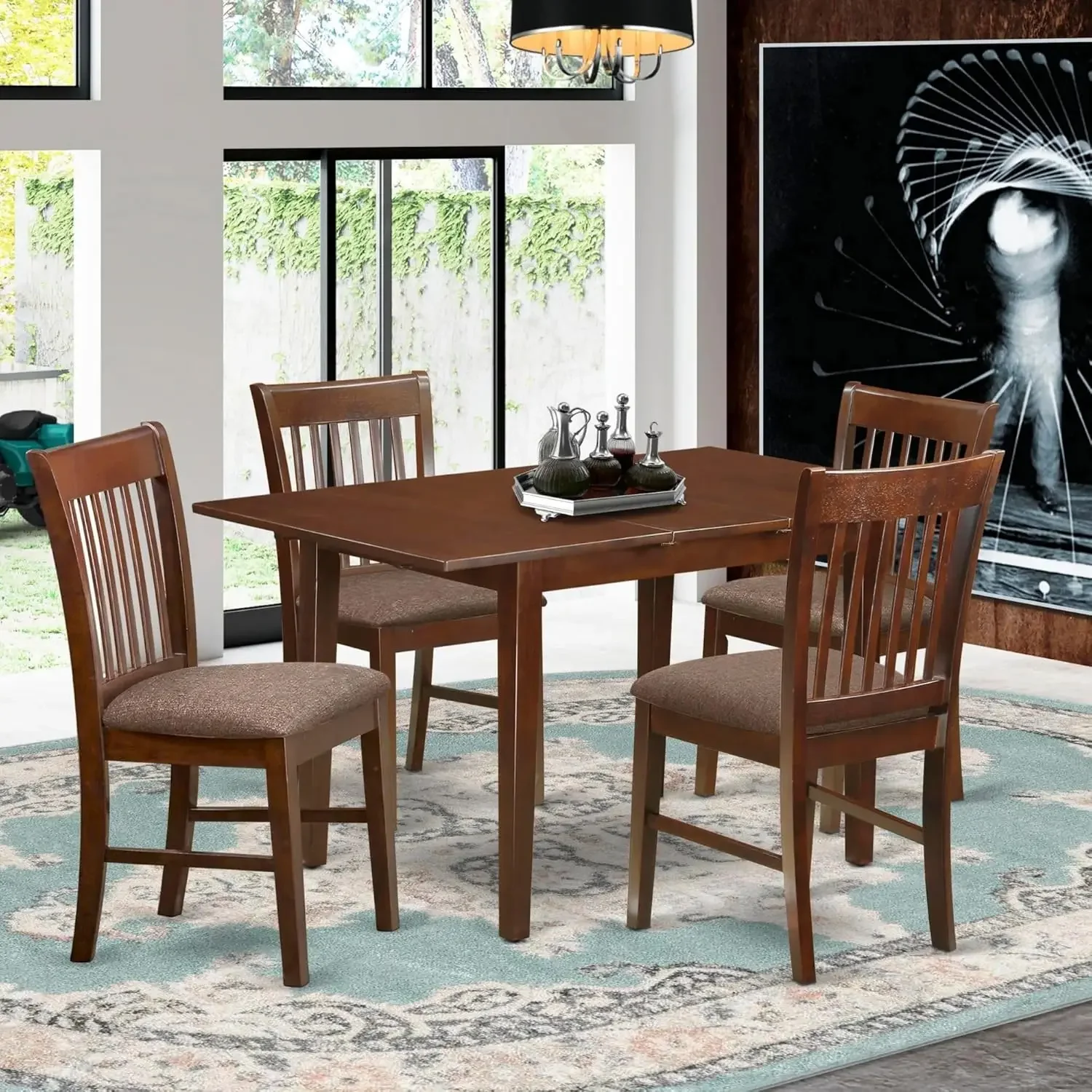 East West Furniture NOFK5-MAH-C 5-piece Kitchen Set, with a rectangular dining table and 4 cushioned chairs, 32x54 inches