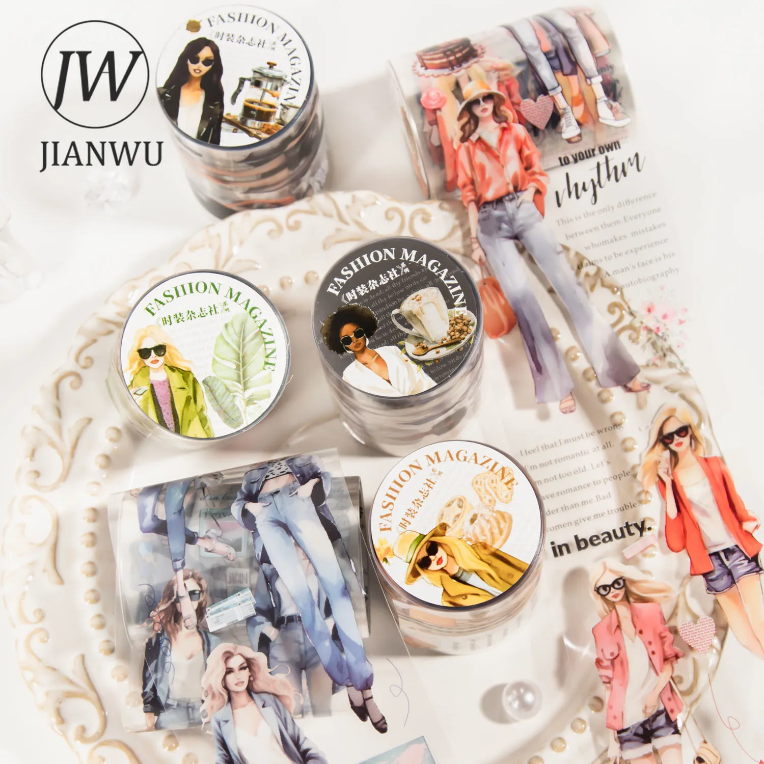 Jianwu 55mm * 200cm Modemagazin Serie Vintage Charakter Material Dekor Haustier Band kreative DIY Journal Collage Briefpapier