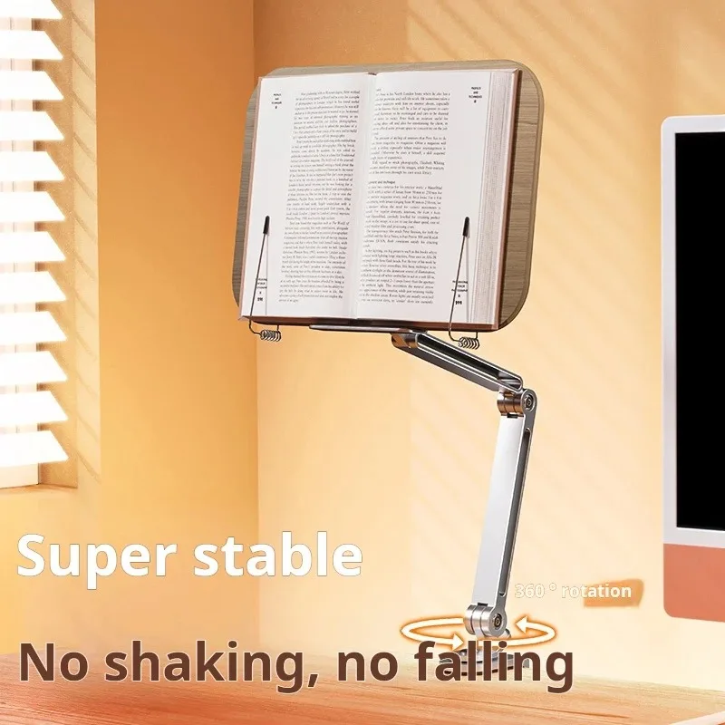 360 Degree Rotatable, Cantilever Reading Book Stand,  Aluminum Walnut, Supports Books, Tablets, for Desktop and Bedside Stand.