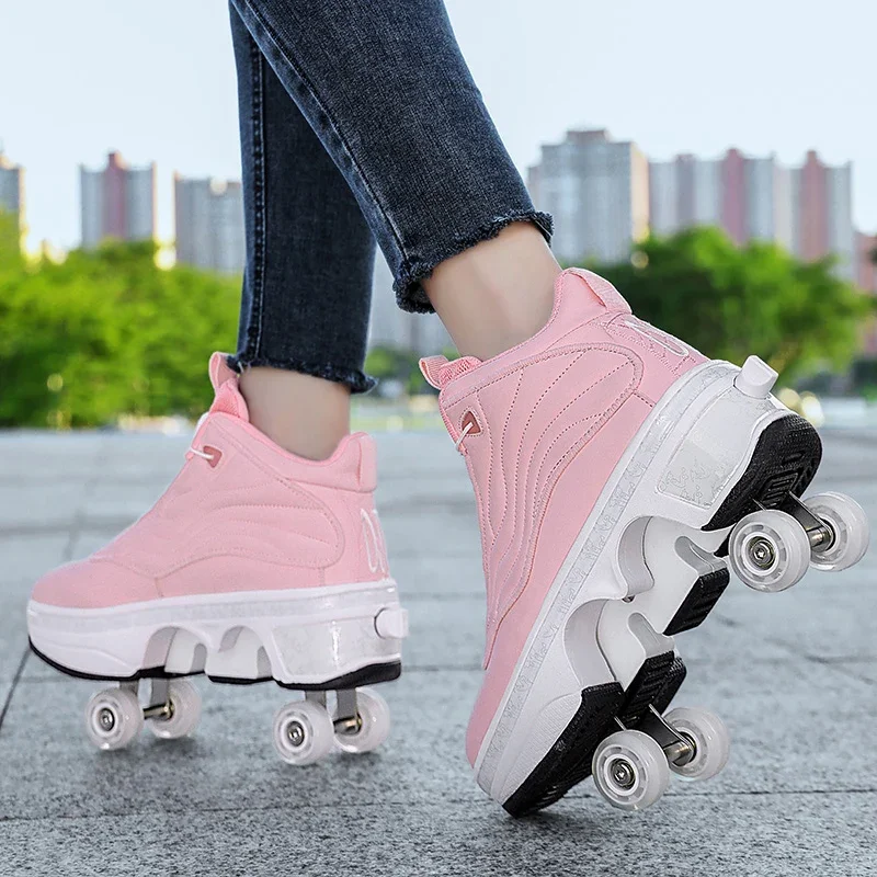 Unisex Automatic Retractable 4-Wheel Roller Skates Women's High Sneakers with Wheels Girls' Dual-Purpose Skating Sports Shoes