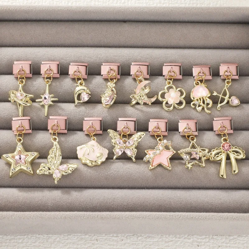 Zircon Crystal Butterfly Shell Bow Star Moon Jellyfish Pendant Italian Pink Charms Fit 9MM Stainless Steel Bracelet DIY Making
