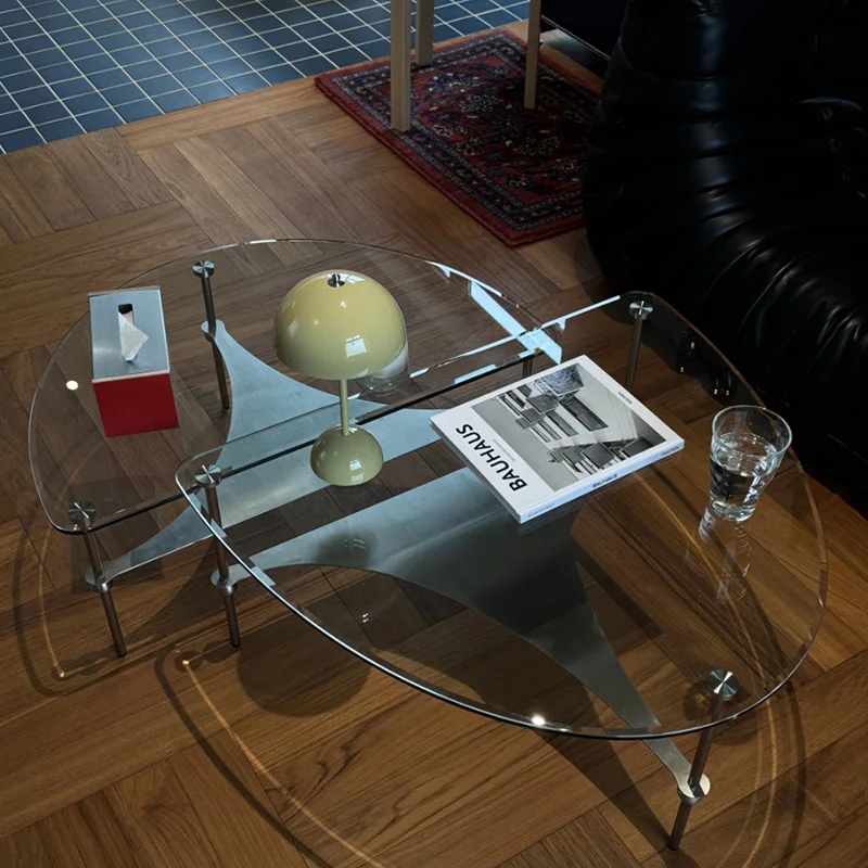 

Coffee table combination tempered glass living room oval side table Bauhaus style stainless steel coffee table