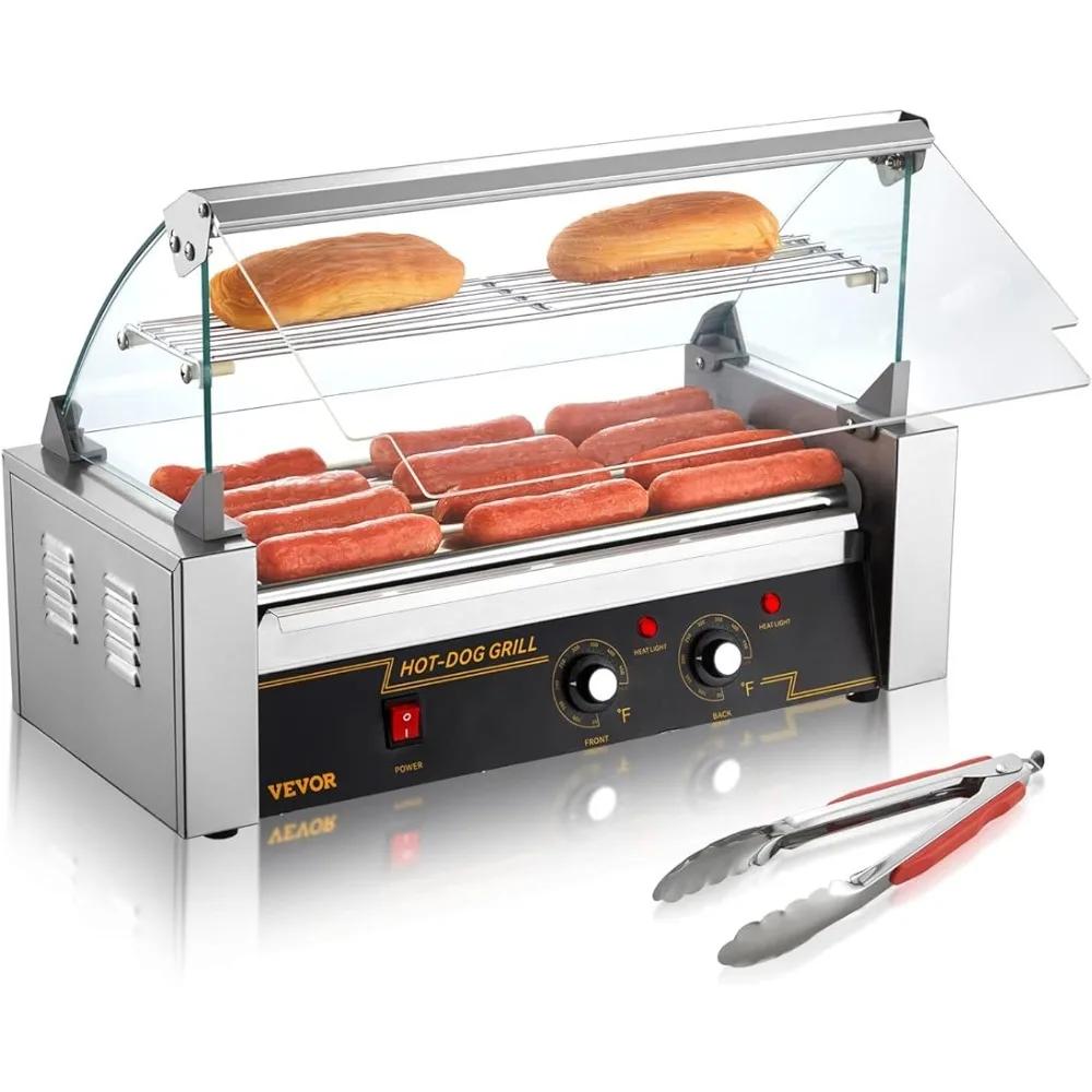 Hot Dog Roller 5 Rollers 12 Hot Dogs Capacity,  Sausage Grill Cooker Machine with Dual Temp Control Glass Hood Shelf Removable