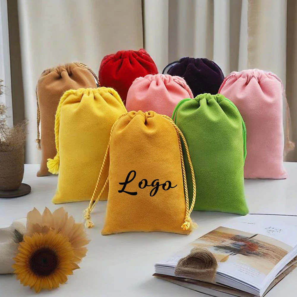 

100pcs Beige Thick Velvet Bags Custom Drawstring Bag Personalized Logo Pprint Product Jewelry Soap Packing Pouch necklace Sack