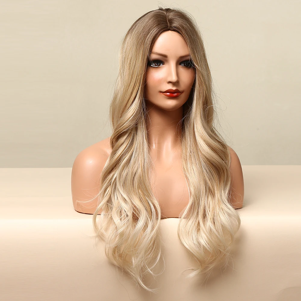 ALAN EATON Blonde Long Wavy Synthetic Wig for Women Natural Middle Part Wig Heat Resistant Soft Daily Hair Party Cosplay Use