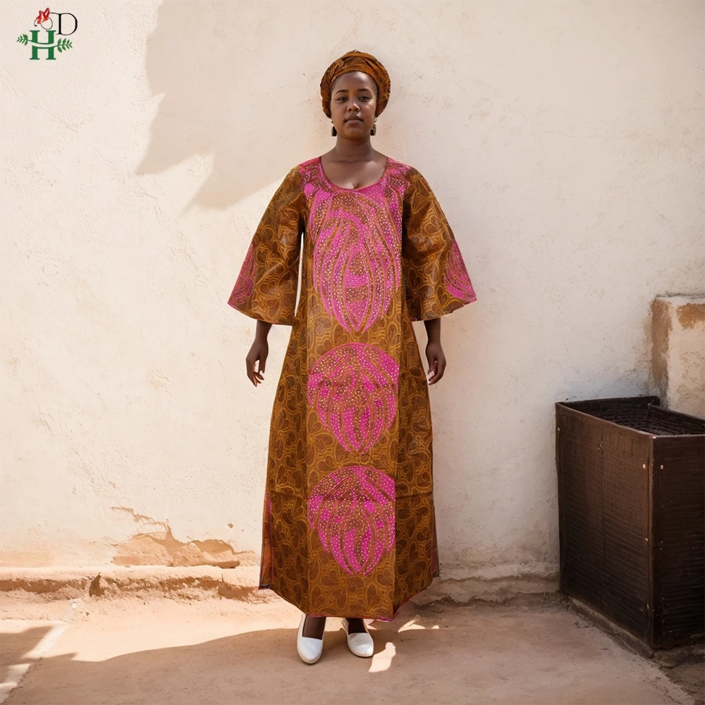 

H&D Traditional Bazin Dress For Women Wedding Party Evening Gown African Clothing Plus Size Robe Dashiki Embroidery Dress Scarf