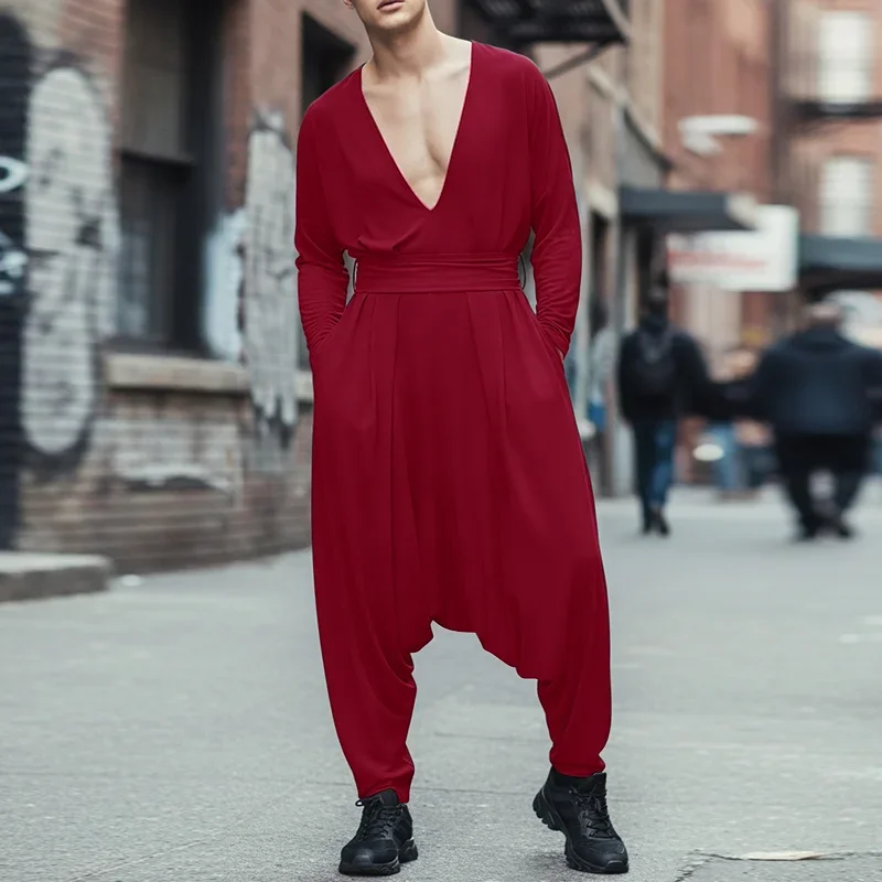 INCERUN Men's Overalls Solid Long Sleeve Deep V Neck Harem Pants Jumpsuits For Man Loose Streetwear 2026 Casual Male Rompers