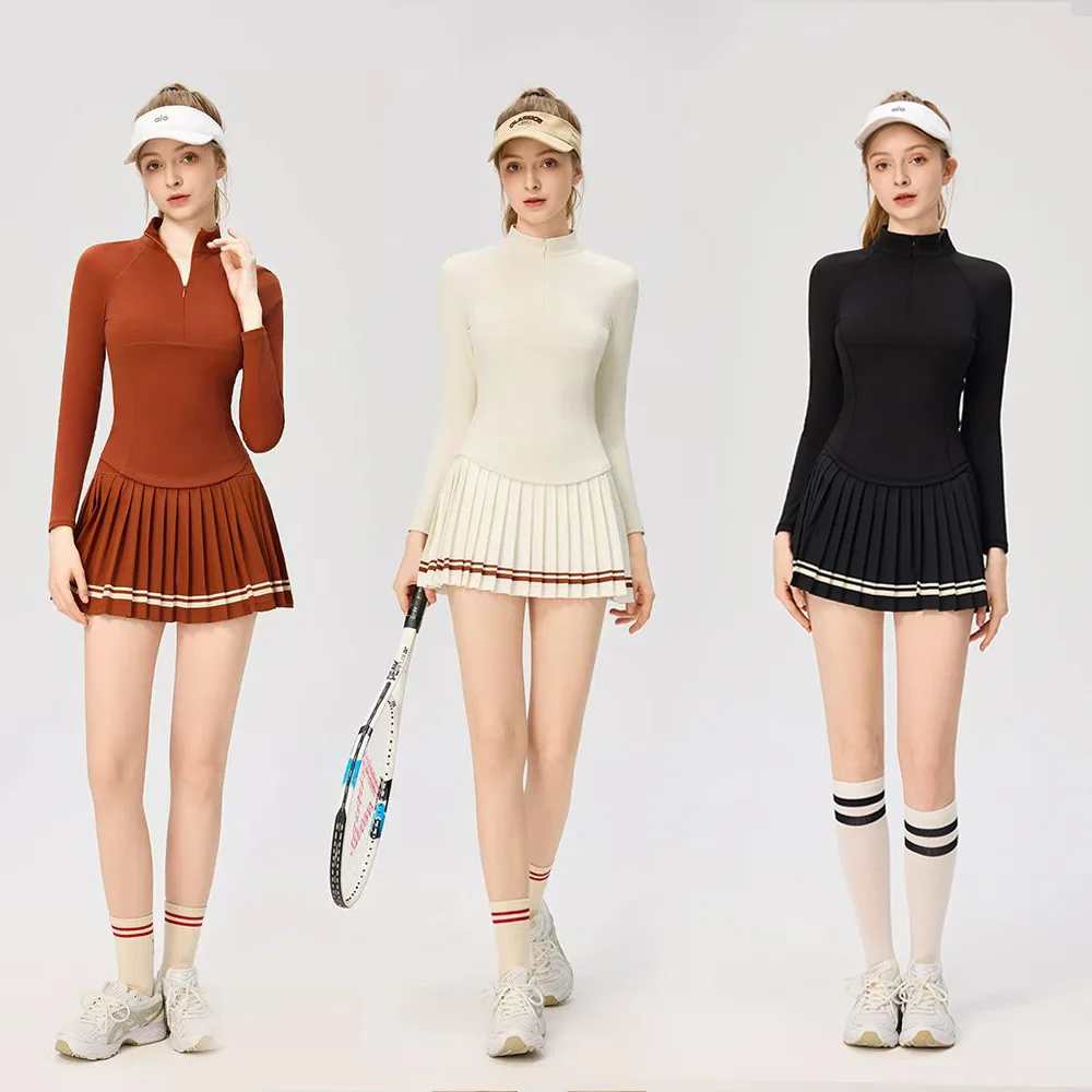 Suit Sports Slim Fit and Thin A-word Pleated Short Skirt Women's Long-sleeved Zipper Turtleneck T-shirt Suit Two-piece Set
