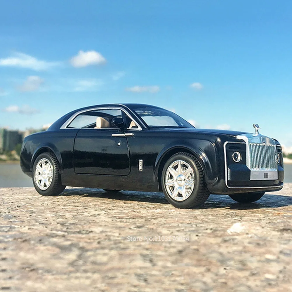 1/24 Rolls Royce Sweptail Toys Model Car Metal Diecast Vehicle 4 Door Opened Rubber Tires Sound Light Pull Back Toy for Kid Gift