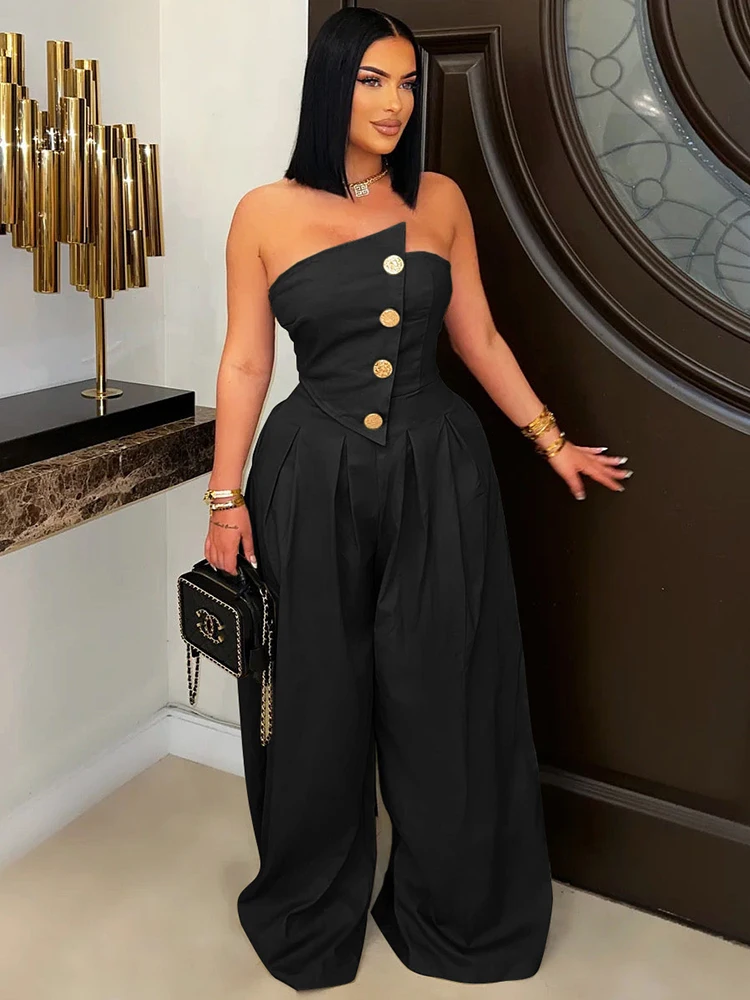 

Off Shoulder Strapless Summer Jumpsuit for Women 2025 Summer Fashion Metal Buttons Decor Wide Leg Rompers Beach Holiday Party