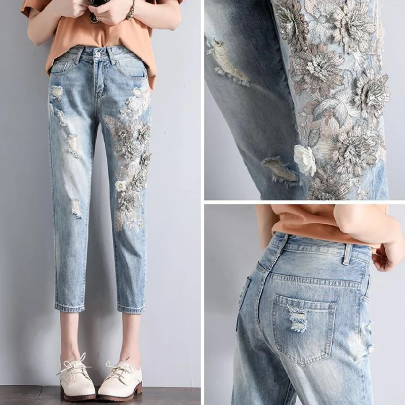 초가을 여성용 한국 버전 신상 꽃 자수 헤비 듀티 카우보이 스타일 캐주얼 9부 팬츠 트렌디