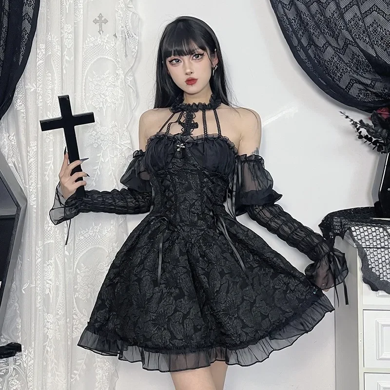 

Goth Dark Mall Gothic Emo Jacquard A-line Dresses Elegant Grunge Ruched Bandage Partywear Punk Black Women Halloween Club Dress